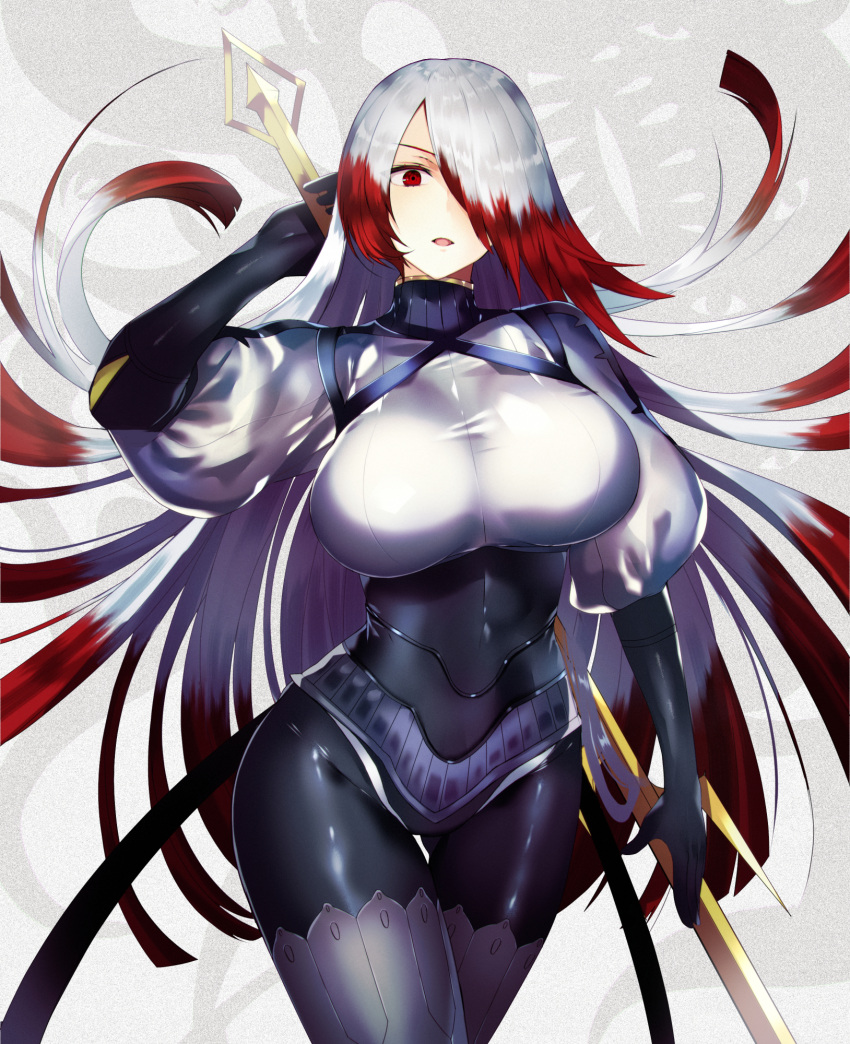 1girl, arm_at_side, arm_up, asmodeus_(megido72), big_hair, black_bodysuit, black_gloves, bodysuit