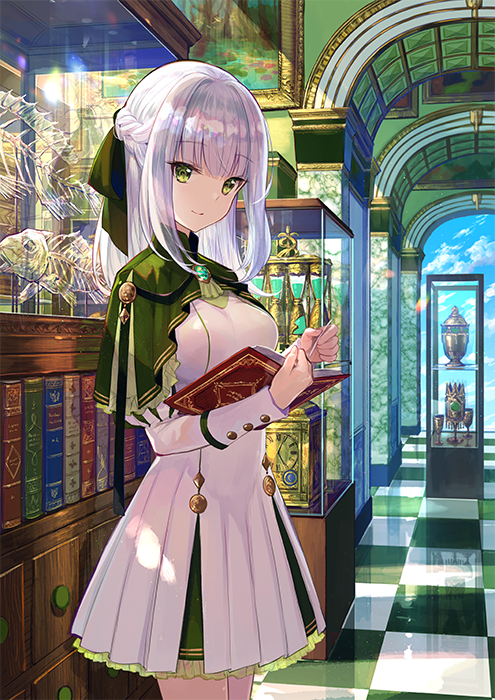 1girl, arch, bangs, blue_sky, book, braid, breasts, capelet