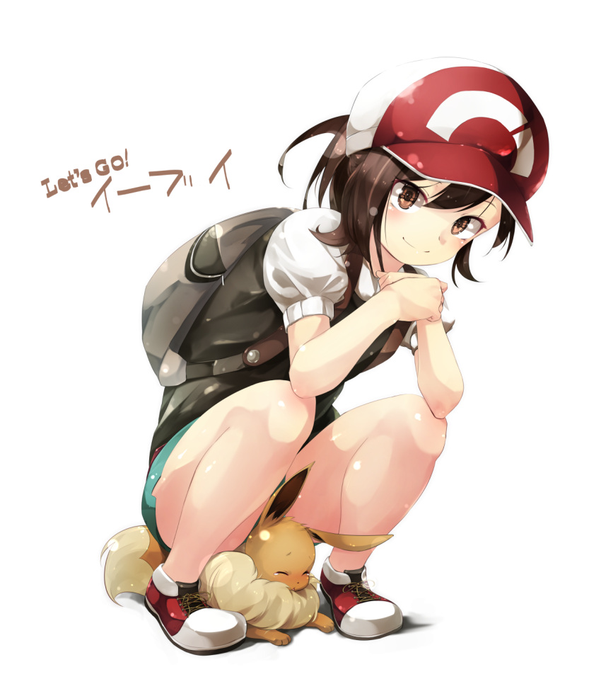 1girl, bag, baseball_cap, blush, brown_eyes, brown_hair, closed_eyes, creatures_(company)