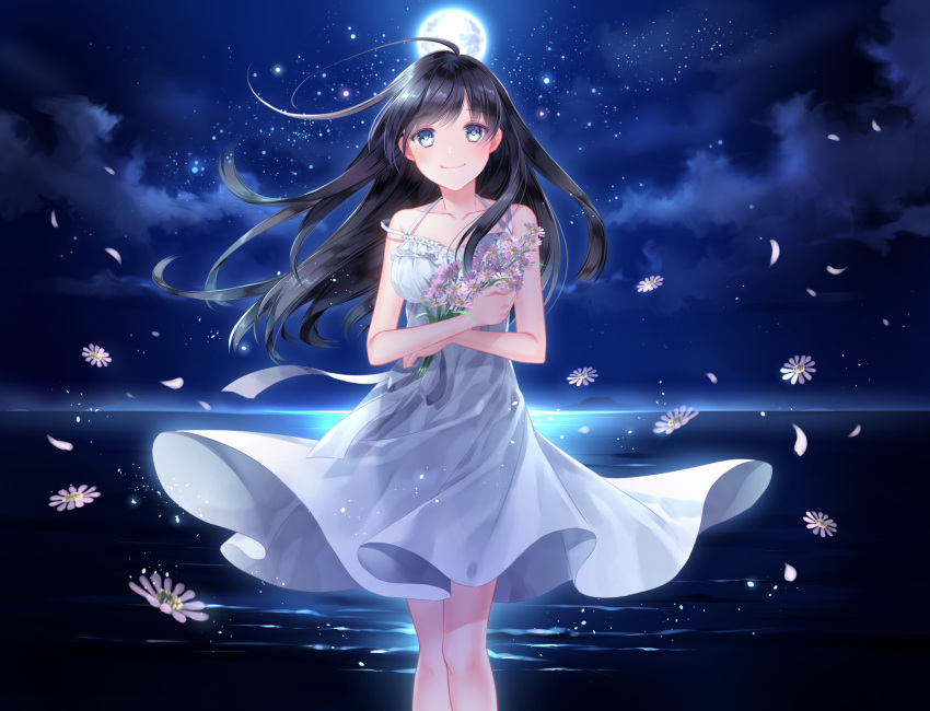1girl, black_hair, blue_eyes, dress, flower, full_moon, highres, holding