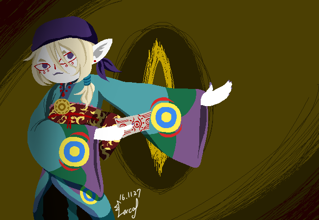 1boy, andrew_hussie_(style), bandanna, blonde_hair, brown_background, chemaomao, dated, earrings, facepaint, hair_tie, homestuck, japanese_clothes, jewelry, kimono, kusuriuri_(mononoke), looking_at_viewer, makeup, male_focus, medallion, mononoke, necklace, obi, ofuda, pointy_ears, sash, solo, standing, stud_earrings, sun_(symbol), white_skin, wide_sleeves