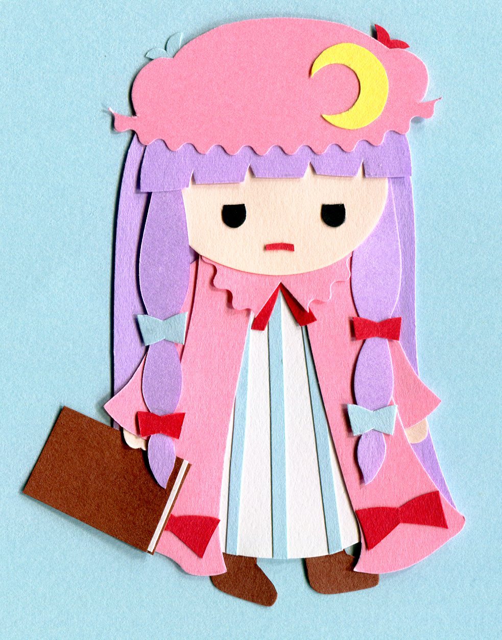 aqua_background, bangs, blue_bow, blunt_bangs, book, bow, crescent, crescent_hair_ornament