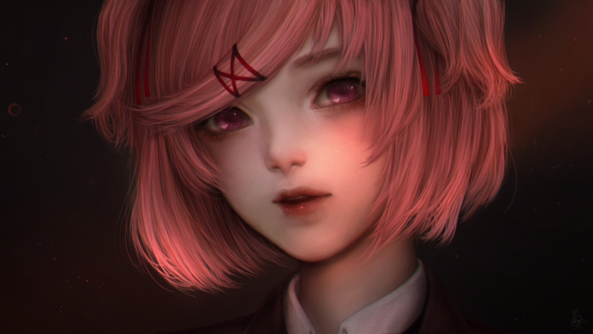 1girl, alqmia, bangs, collared_shirt, doki_doki_literature_club, hair_ornament, hair_ribbon, hairclip