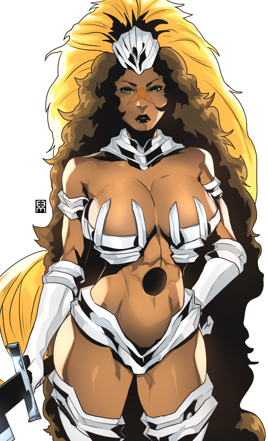 1girl, abs, armor, arrancar, artist_name, bleach, breasts, brown_hair