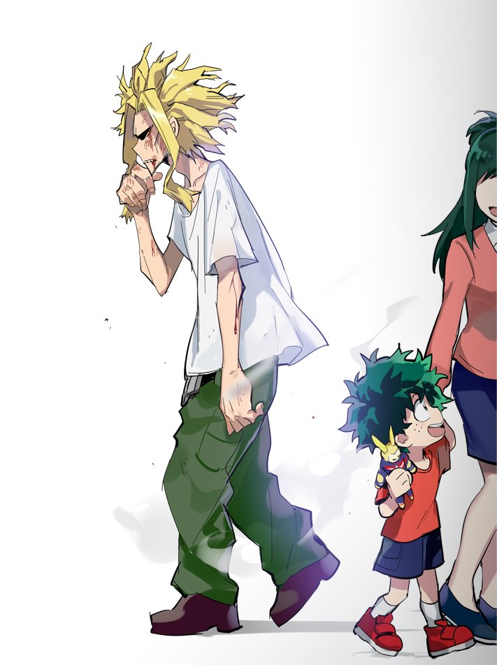 1girl, 2boys, :d, all_might, blonde_hair, blood, blue_skirt, boku_no_hero_academia