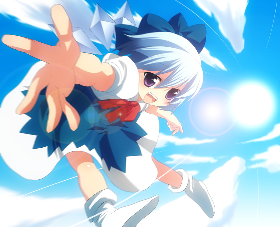 blue_hair, cirno, cloud, clouds, flying, ribbon, ribbons, short_hair