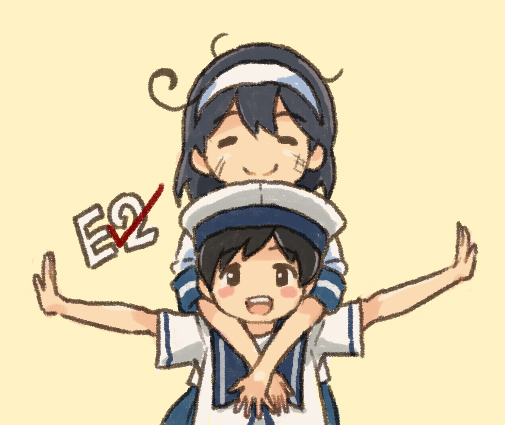 2girls, ahoge, black_hair, blue_sailor_collar, blush_stickers, brown_eyes, brown_hair, closed_eyes