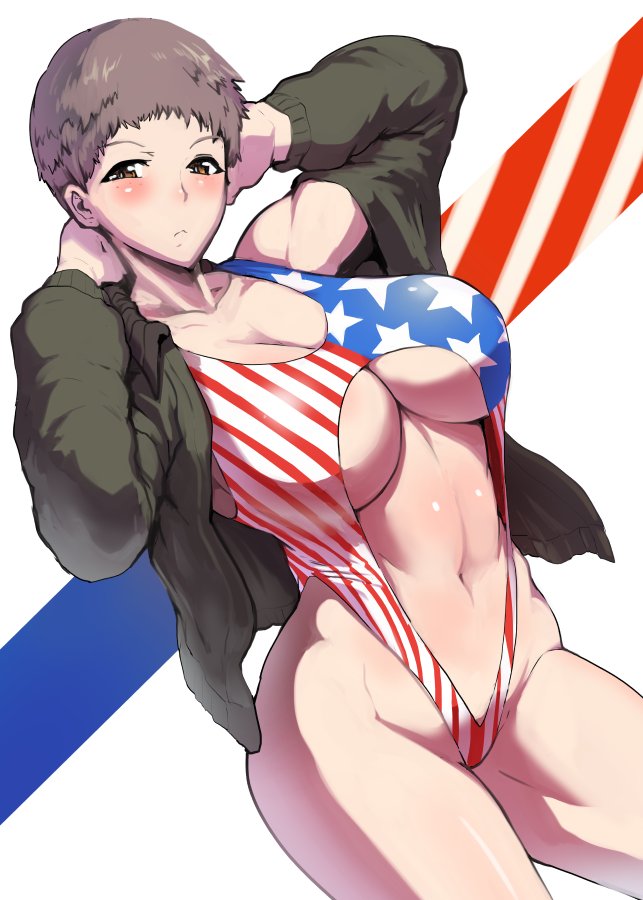1girl, american_flag, american_flag_print, arms_behind_head, arms_up, bangs, blush, breasts