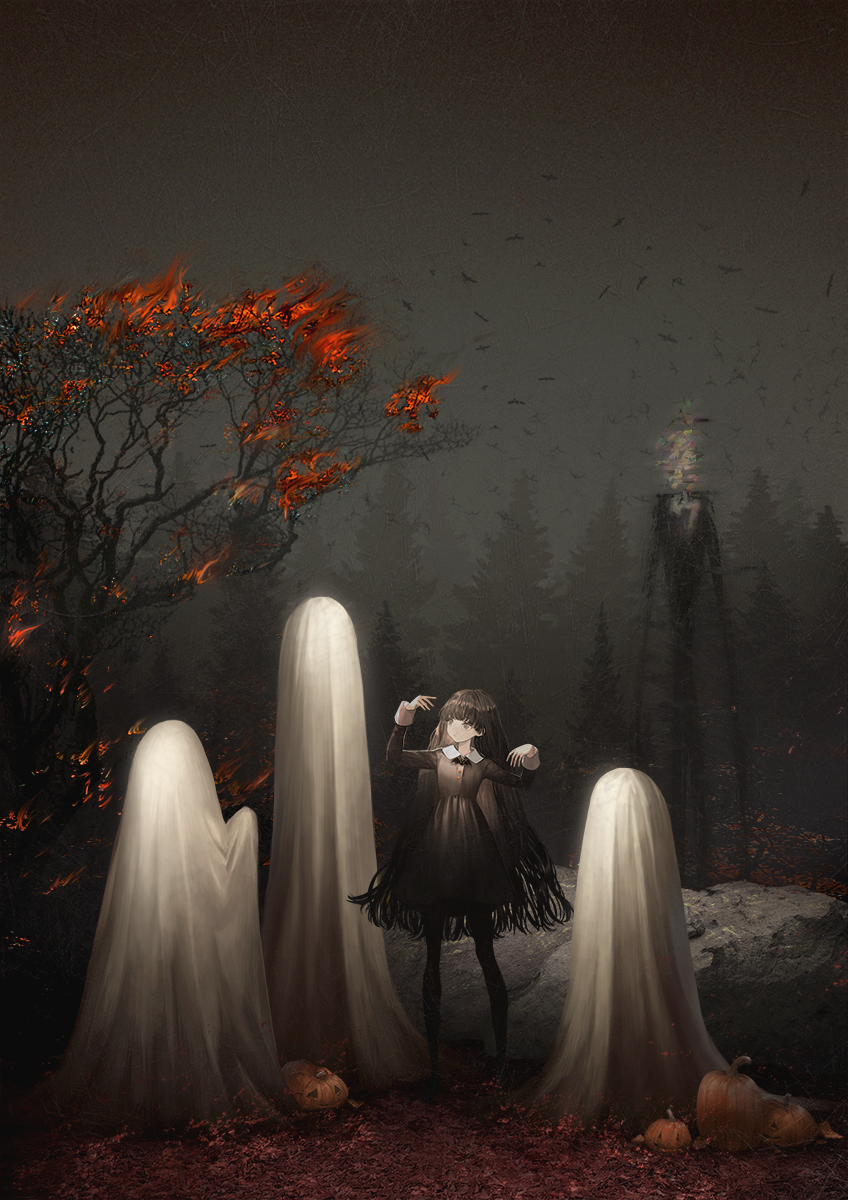 1girl, apparition, autumn_leaves, bird, black_dress, black_hair, cinkai, dress