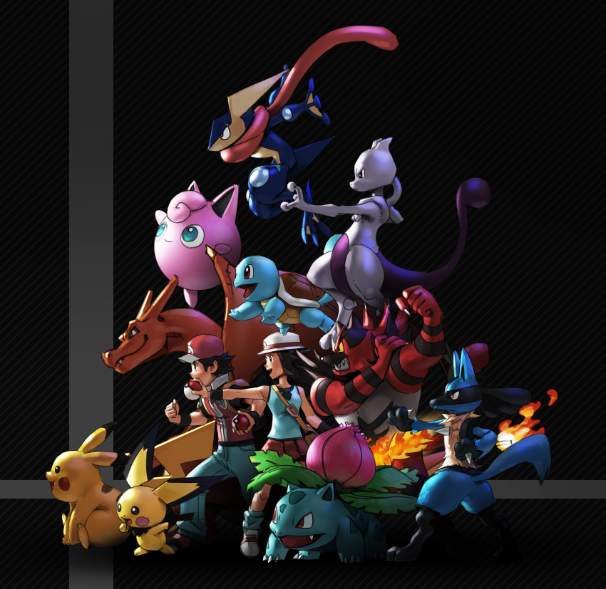 1boy, 1girl, absurdres, blue_(pokemon), charizard, creatures_(company), game_freak, gen_1_pokemon, gen_2_pokemon, gen_4_pokemon, gen_6_pokemon, gen_7_pokemon, greninja, highres, incineroar, ivysaur, jigglypuff, lucario, mewtwo, nintendo, pichu, pikachu, pokemon, pokemon_(creature), red_(pokemon), red_(pokemon_frlg), squirtle, super_smash_bros., super_smash_bros._ultimate