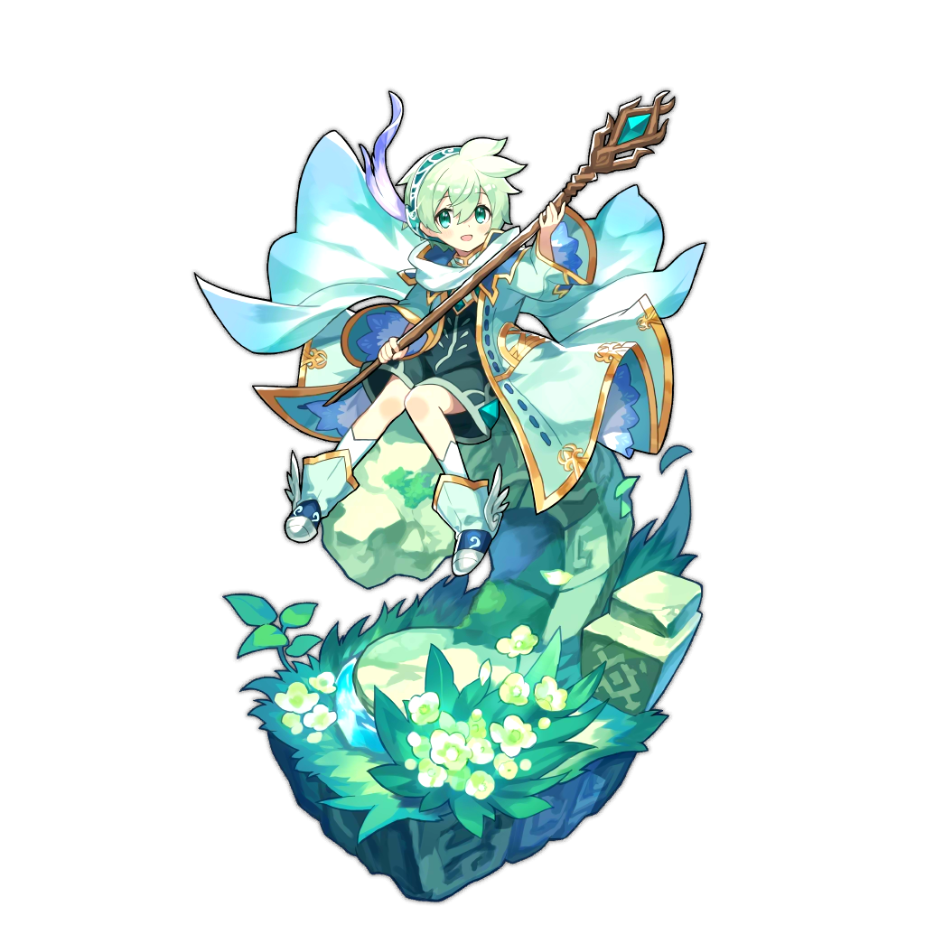 1boy, aqua_eyes, artist_request, dragalia_lost, flower, grass, green_hair, looking_at_viewer, lowen_(dragalia_lost), official_art, open_mouth, shoes, short_hair, sitting, smile, socks, staff, wide_sleeves, winged_shoes, wings
