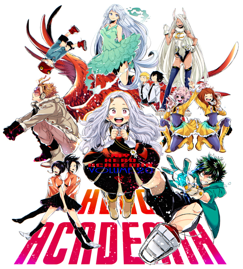 4boys, 6+girls, :d, amajiki_tamaki, animal_ears, antenna_hair, ashido_mina, asymmetrical_legwear, back-to-back, bird_wings, black_hair, black_legwear, black_sclera, black_skirt, blonde_hair, blue_eyes, blue_legwear, blush, blush_stickers, bodysuit, bodysuit_under_clothes, boku_no_hero_academia, boots, breasts, brown_hair, clenched_hand, clenched_hands, clenched_teeth, closed_eyes, coat, commentary_request, copyright_name, dandel, dark_skin, dress, earlobes, english, eri_(boku_no_hero_academia), falling, freckles, gloves, goggles, green_dress, green_eyes, green_hair, hadou_nejire, hand_on_hip, hat, hawks_(boku_no_hero_academia), haya_yuuyu, headphones, highres, horn, horned_headwear, horns, izumi_kouta, jirou_kyouka, knee_boots, leotard, light_blue_hair, long_hair, looking_at_viewer, medium_breasts, messy_hair, midoriya_izuku, mirko, multiple_boys, multiple_girls, necktie, one_eye_closed, one_knee, open_mouth, orange_shirt, pink_hair, pink_skin, pleated_skirt, pointy_ears, ponytail, purple_bodysuit, purple_hair, rabbit_ears, raised_fist, red_dress, red_footwear, red_gloves, red_wings, shirt, short_dress, short_eyebrows, short_hair, silver_hair, simple_background, single_thighhigh, skirt, smile, sweatdrop, teeth, thigh-highs, u.a._school_uniform, uraraka_ochako, v, very_long_hair, violet_eyes, white_background, white_gloves, white_hair, white_leotard, wings, winter_clothes, winter_coat, yaoyorozu_momo, yellow_eyes, yellow_footwear, yellow_shirt, yellow_skirt