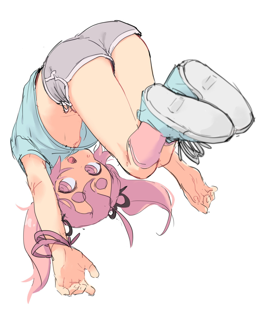 1girl, :o, absurdres, ass, boyshorts, bracelet, edisonabismo, hair_ribbon, happy_(eds), highres, jewelry, open_mouth, original, pink_eyes, pink_hair, pink_legwear, ribbon, shoes, shorts, thick_eyebrows, twintails, upshirt, upside-down, white_background