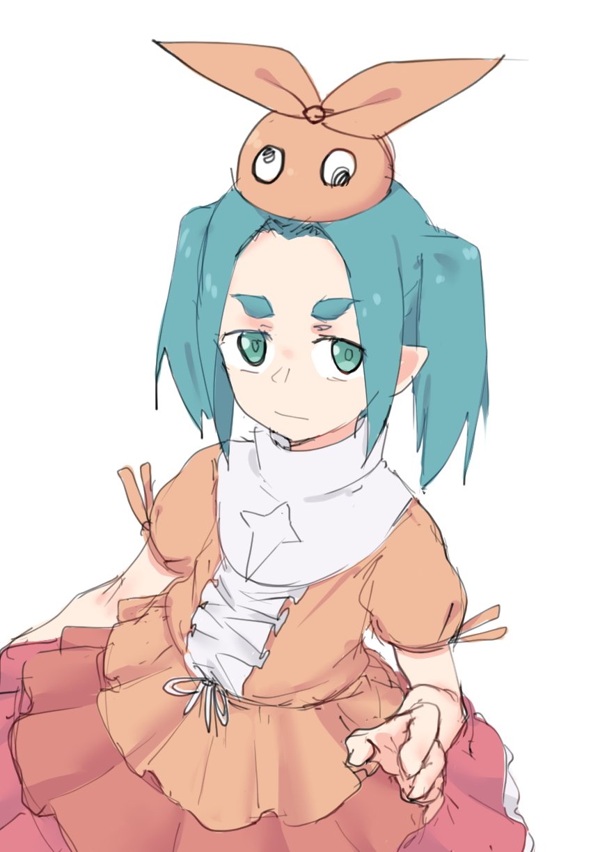 1girl, aqua_hair, dress, edisonabismo, eyebrows, green_eyes, hat, highres, layered_dress, layered_skirt, monogatari_(series), ononoki_yotsugi, orange_dress, orange_skirt, short_hair, skirt, twintails, white_background