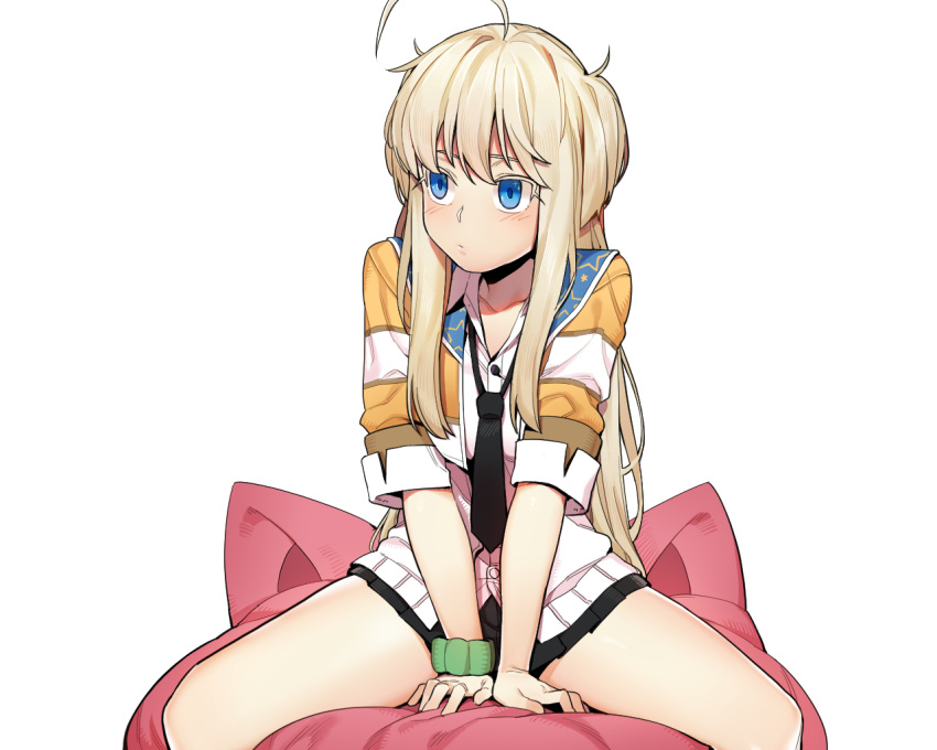 1girl, ahoge, blonde_hair, blue_eyes, blush, bural_chingu, dadamu_(iru), looking_away