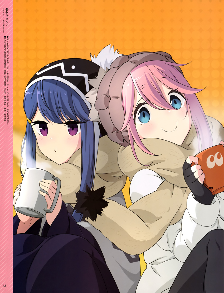2girls, absurdres, asymmetrical_hair, beanie, black_gloves, black_hat, black_pants, blue_eyes