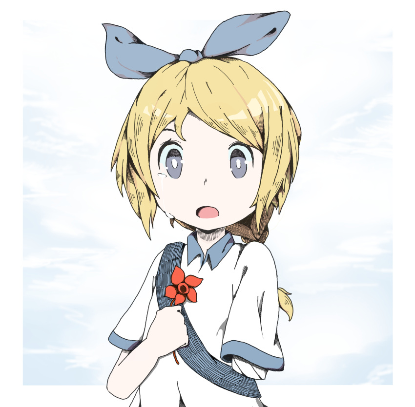 1girl, absurdres, amputee, bag, bandage, blue_eyes, blue_ribbon, crying