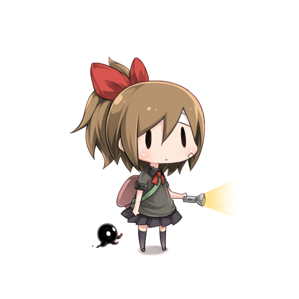 1girl, bag, bandage_on_face, blush, chibi, flashlight, ghost, moegi_nenene, pleated_skirt, ponytail, red_ribbon, ribbon, school_uniform, short_sleeves, shoulder_bag, skirt, solid_oval_eyes, yomawari:_midnight_shadows, yui_(yomawari)