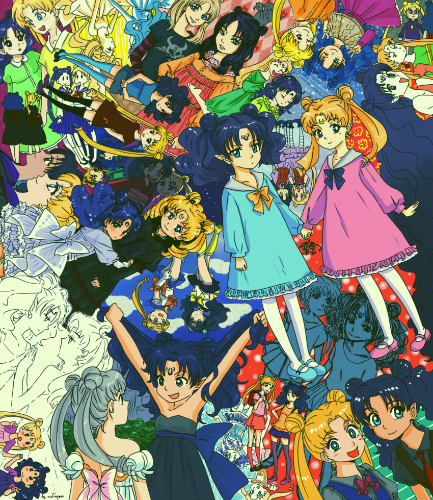 0_0, 2girls, 90s, :d, ;), absolutely_everyone, alternate_hair_color, armpits