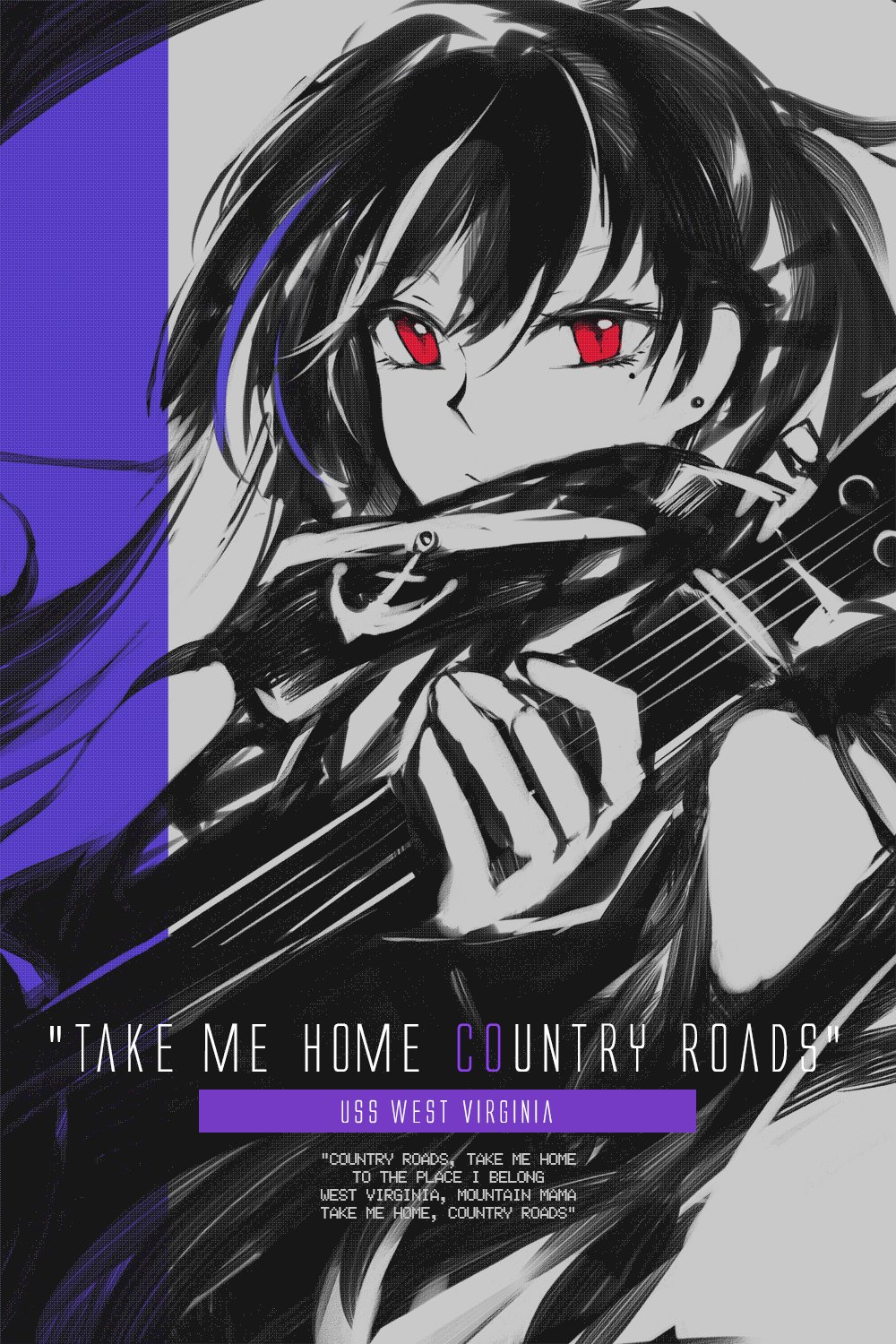 1girl, azur_lane, black_hair, character_name, commentary_request, guitar, hanada_yanochi, highres