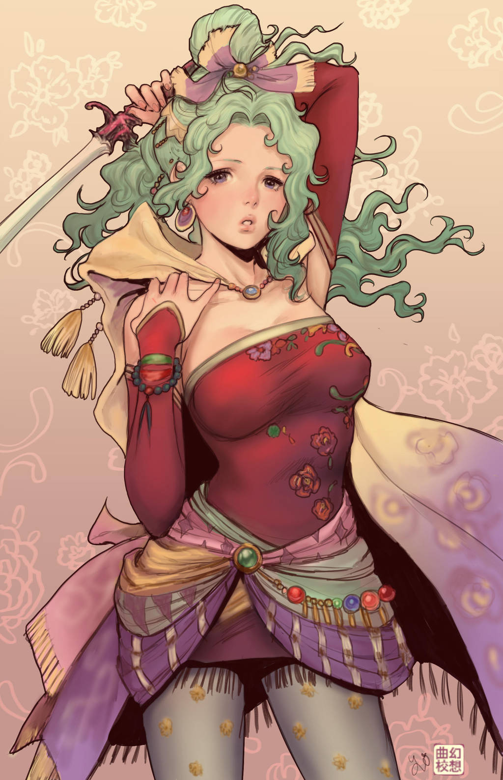 1girl, arm_up, bare_shoulders, blue_eyes, breasts, cape, collarbone, cowboy_shot, detached_sleeves, dress, earrings, erect_nipples, final_fantasy, final_fantasy_vi, floral_print, gradient, gradient_background, green_hair, highres, holding, holding_sword, holding_weapon, jasmin_darnell, jewelry, long_hair, medium_breasts, parted_lips, red_dress, red_sleeves, signature, solo, strapless, strapless_dress, sword, tina_branford, weapon