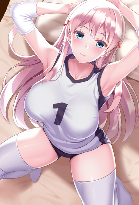 1girl, arm_behind_head, armpits, bangs, bed, bed_sheet, black_shorts, blue_eyes, blush, bow, breasts, closed_mouth, collarbone, elbow_pads, from_above, gym_shorts, gym_uniform, hair_bow, huyumitsu, indoors, large_breasts, long_hair, looking_at_viewer, number, numbers'_uniform, original, pillow, pink_hair, shirt, short_shorts, shorts, sleeveless, sleeveless_shirt, solo, sportswear, squatting, thigh-highs, volleyball_uniform, white_legwear, white_shirt