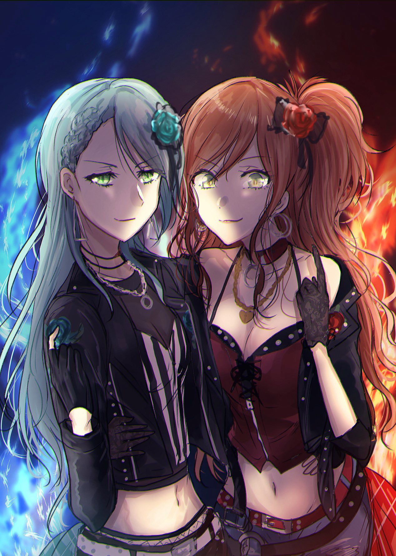 2girls, bang_dream!, belly, brown_hair, check_commentary, choker, commentary_request, denim