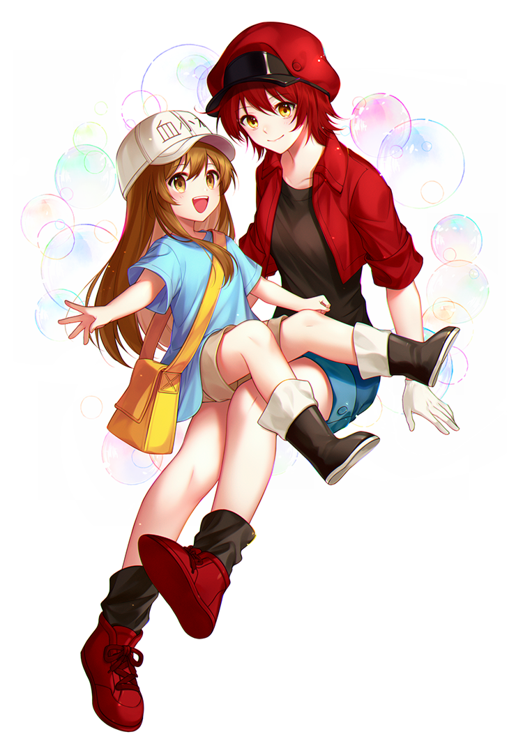 2girls, :d, bag, baseball_cap, black_footwear, black_legwear, black_shirt, blue_shirt, blue_shorts, boots, brown_eyes, brown_hair, brown_shorts, character_name, collarbone, floating_hair, gloves, hat, hataraku_saibou, hnhr_69, jacket, long_hair, looking_at_viewer, multiple_girls, open_clothes, open_jacket, open_mouth, outstretched_arm, platelet_(hataraku_saibou), red_footwear, red_hat, red_jacket, redhead, shirt, short_hair, short_shorts, short_sleeves, shorts, sitting, sitting_on_lap, sitting_on_person, smile, socks, very_long_hair, white_background, white_gloves, white_hat, yellow_eyes