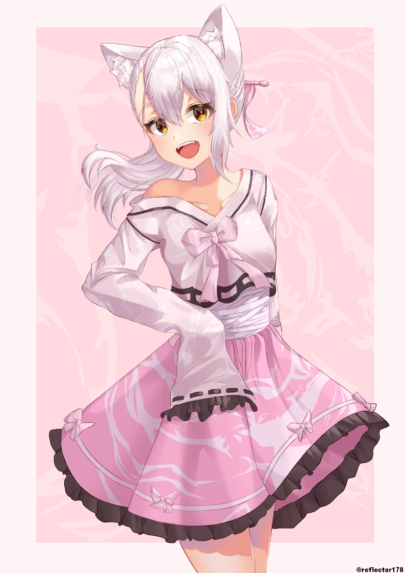 1girl, :d, animal_ears, bandage, black_ribbon, bow, brown_eyes, cat_ears