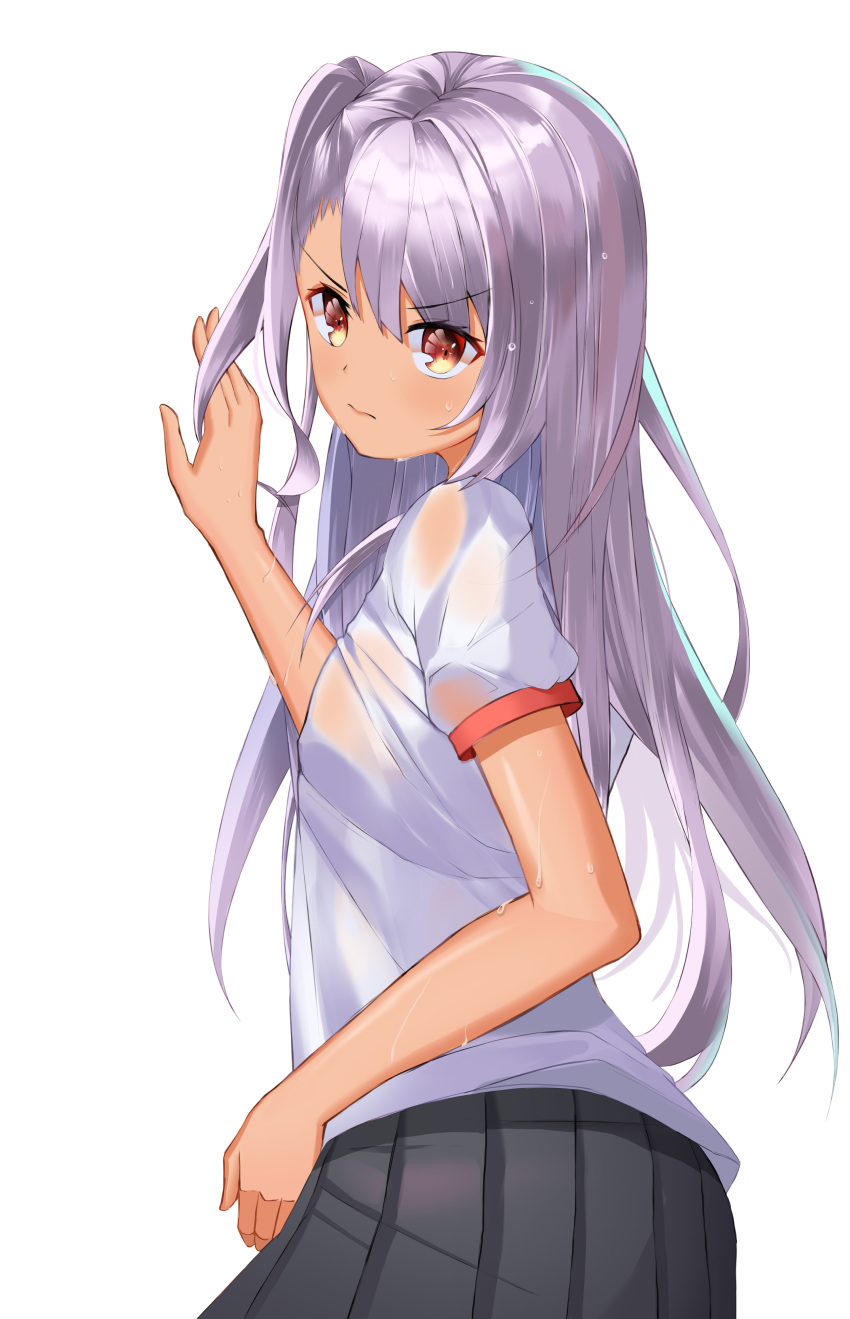 1girl, absurdres, black_skirt, brown_eyes, chloe_von_einzbern, dark_skin, eyebrows_visible_through_hair, fate/kaleid_liner_prisma_illya