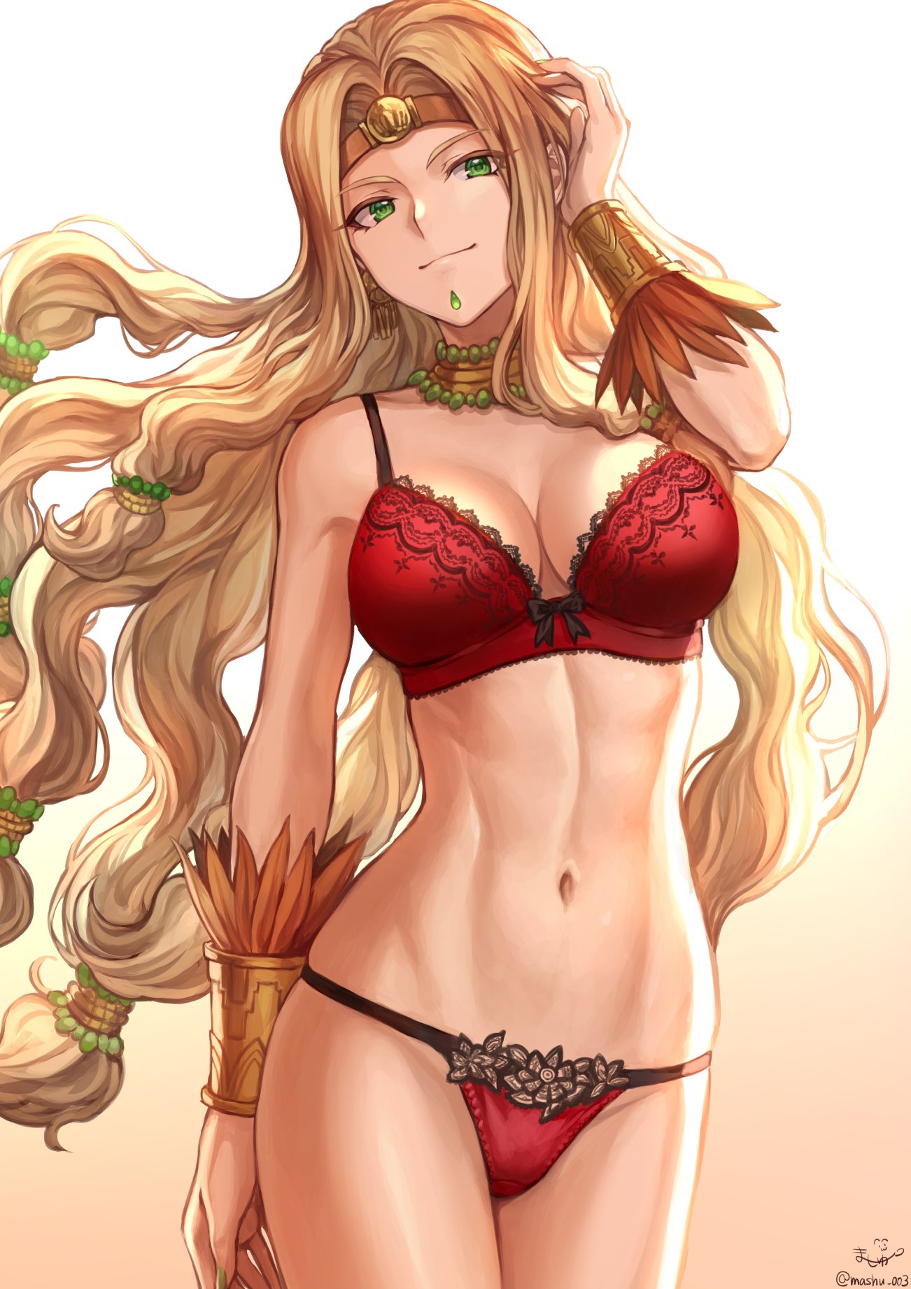 1girl, adjusting_hair, aztec, bangs, bare_shoulders, blonde_hair, blush, bra