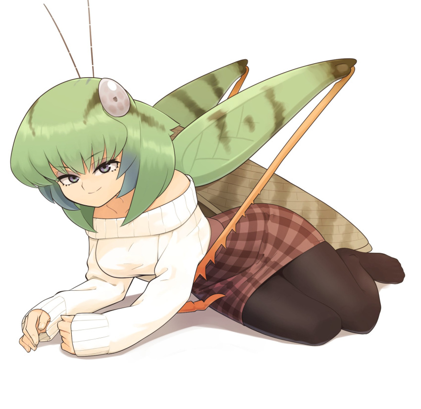 1girl, antennae, bangs, bare_shoulders, breasts, bug, casual, commentary