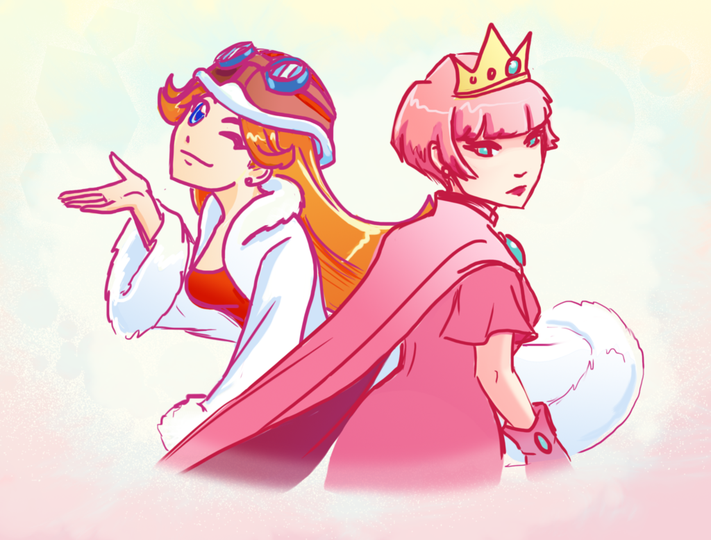 2girls, blue_eyes, cape, crown, deviantart, gloves, goggles, helmet, hollarity, intelligent_systems, jacket, lips, long_hair, mona_(warioware), nintendo, one_eye_closed, orange_hair, pink_dress, pink_hair, princess, princess_shokora, shokora-hime, short_hair, tomboy, wario_land, warioware, white_jacket, wink