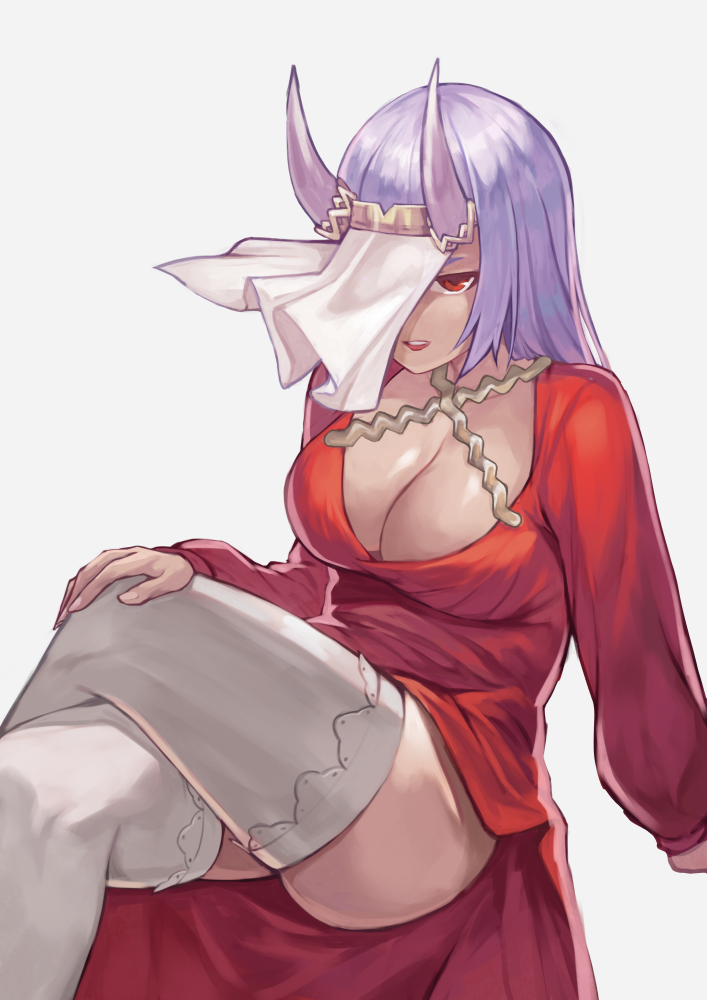 1girl, ass, breasts, cinko17817, cleavage, dress, horns, invisible_chair