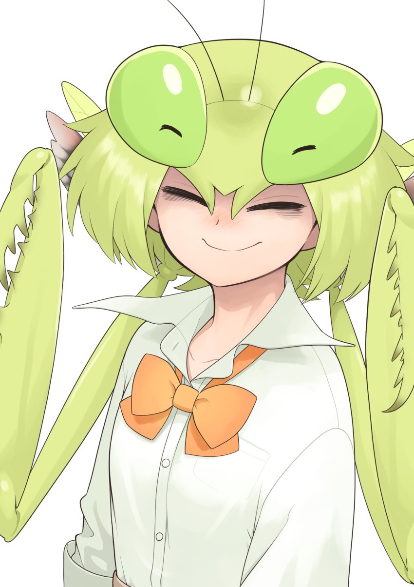 1girl, ^_^, antennae, blush, bow, bowtie, breast_pocket, buttons