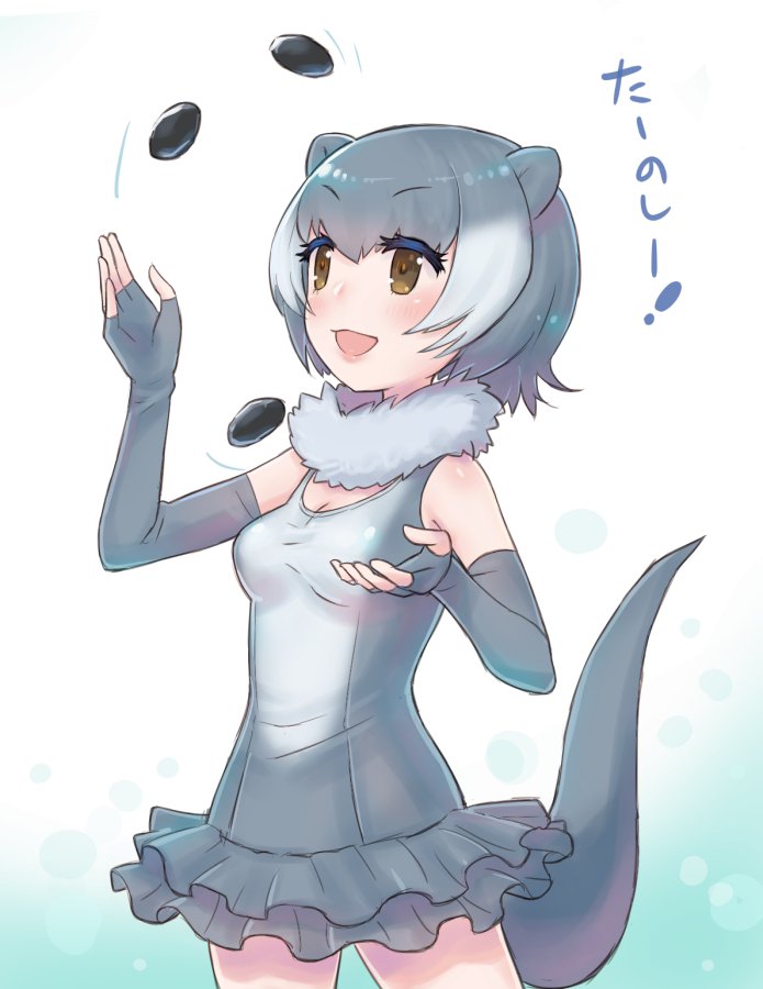 1girl, animal_ears, blush, check_translation, collarbone, commentary_request, cowboy_shot, elbow_gloves, eyebrows_visible_through_hair, fingerless_gloves, frilled_swimsuit, frills, fur_collar, gloves, grey_hair, juggling, kemono_friends, one-piece_swimsuit, otter_ears, otter_tail, pebble, roozin, short_hair, sleeveless, small-clawed_otter_(kemono_friends), solo, swimsuit, tail, translated, white_hair