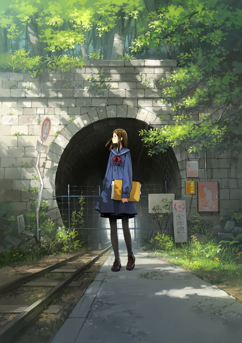 1girl, black_legwear, bridge, brown_eyes, brown_footwear, brown_hair, day, forest, hair_ornament, hairclip, highres, long_hair, long_sleeves, looking_away, nature, original, outdoors, overgrown, pantyhose, pipes, railroad_tracks, road_sign, scenery, sign, standing, tree, yoshida_seiji