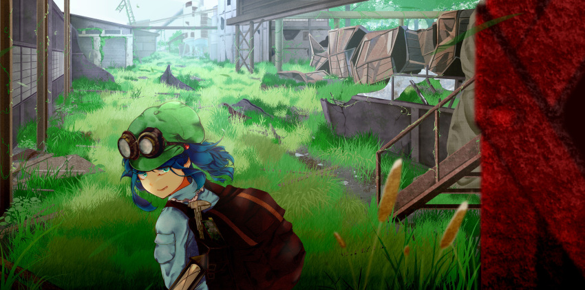 1girl, absurdres, backpack, bag, bangs, blue_hair, goggles, goggles_on_head, grass, green_eyes, hat, highres, hiyuu_(flying_bear), kappa, kawashiro_nitori, lantern, looking_at_viewer, looking_back, medium_hair, short_twintails, smile, solo, touhou, twintails, wrench