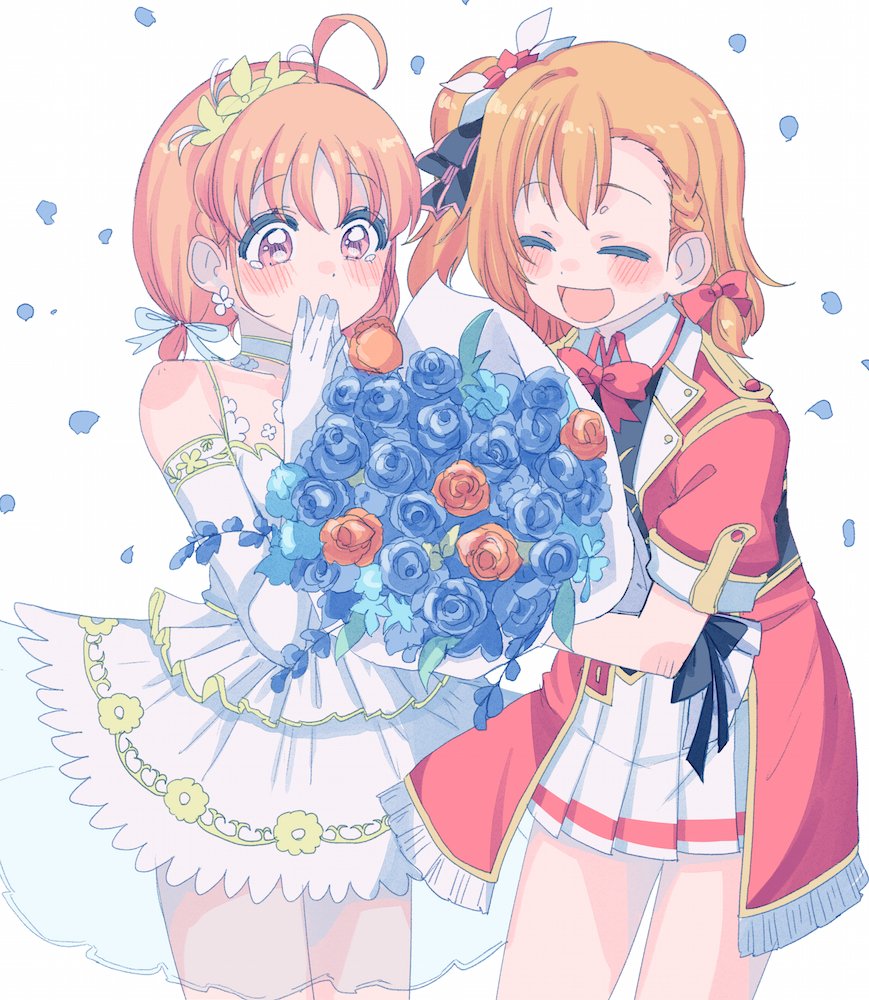 2girls, bokura_no_live_kimi_to_no_life, bouquet, covering_mouth, cream_(nipakupa), dress, flower, hand_over_own_mouth