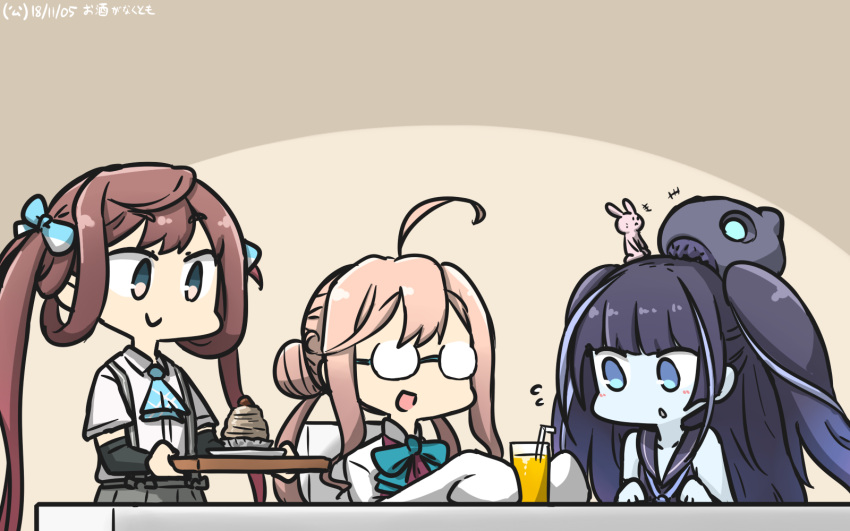 +++, 3girls, ahoge, animal, aqua_bow, aqua_neckwear, arm_warmers, asagumo_(kantai_collection)
