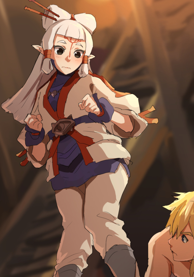1boy, 1girl, black_eyes, blonde_hair, blue_eyes, clenched_hand, closed_mouth, facial_mark