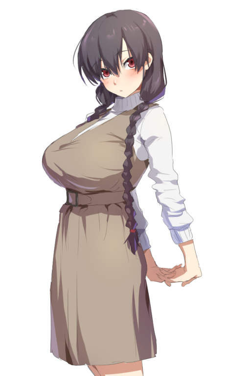 1girl, arms_behind_back, bangs, belt, black_hair, blush, braid, breasts