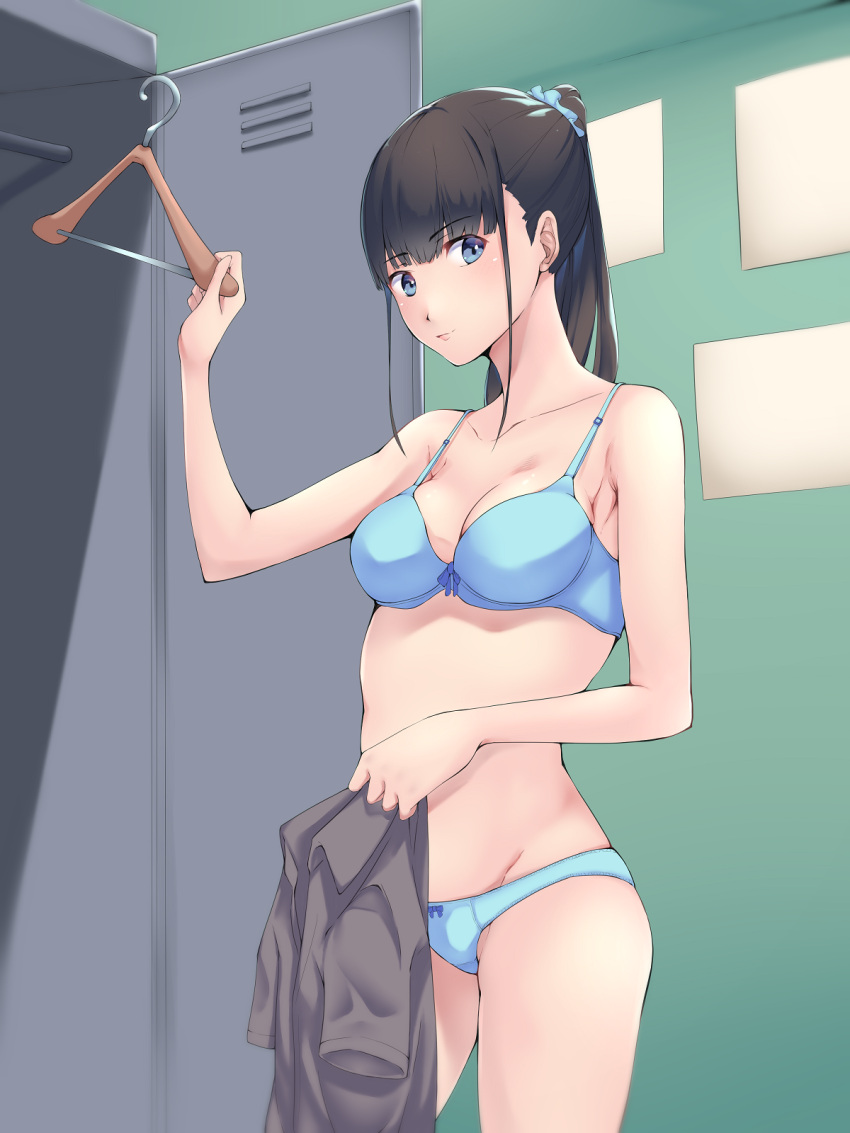 1girl, bangs, black_hair, black_mutou, blue_bra, blue_eyes, blue_panties, blue_scrunchie