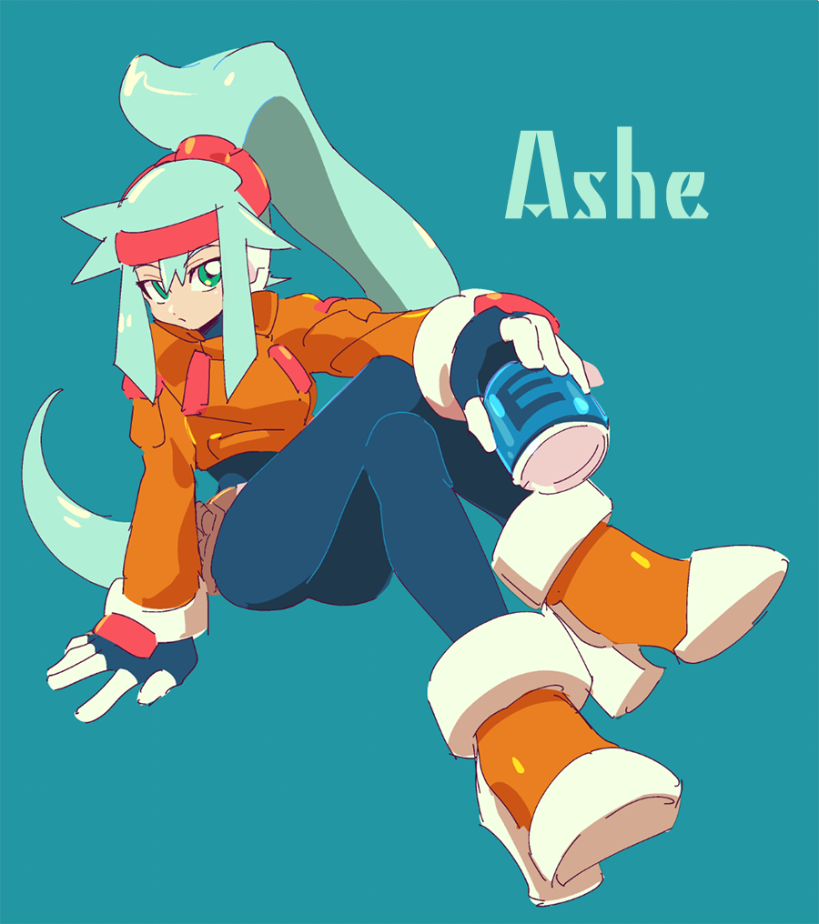1girl, arm_support, ashe_(rockman), blue_background, character_name, energy_tank, full_body, gloves