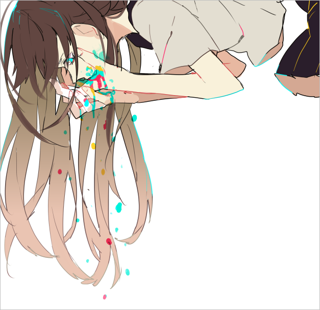 1girl, bare_arms, blue, blue_eyes, blue_outline, border, brown_hair, colorful