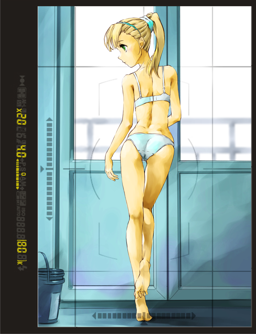1girl, ass, back, barefoot, blonde_hair, blue_eyes, bra, bucket