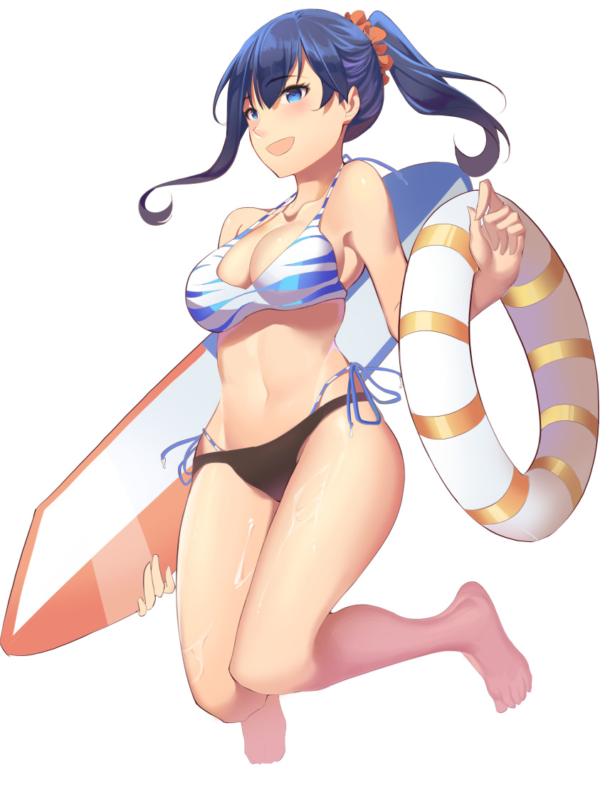 1girl, absurdres, animal_print, bikini, black_bikini_bottom, black_hair, blue_eyes, feet_out_of_frame, hair_ornament, hair_scrunchie, henz_(86551650), highres, innertube, long_hair, mismatched_bikini, orange_scrunchie, ponytail, scrunchie, side-tie_bikini, simple_background, solo, ssss.gridman, surfboard, swimsuit, takarada_rikka, tiger_print, white_background