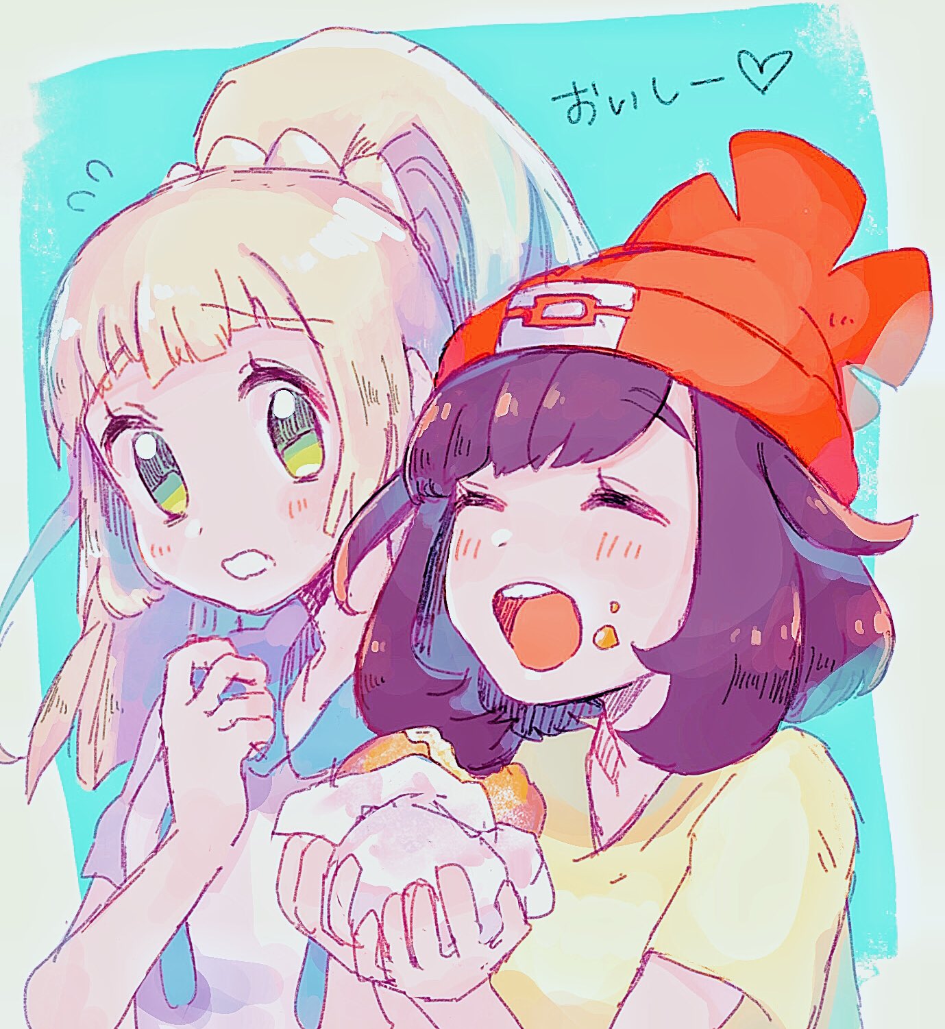 2girls, beanie, black_hair, blonde_hair, closed_eyes, creatures_(company), eating, food