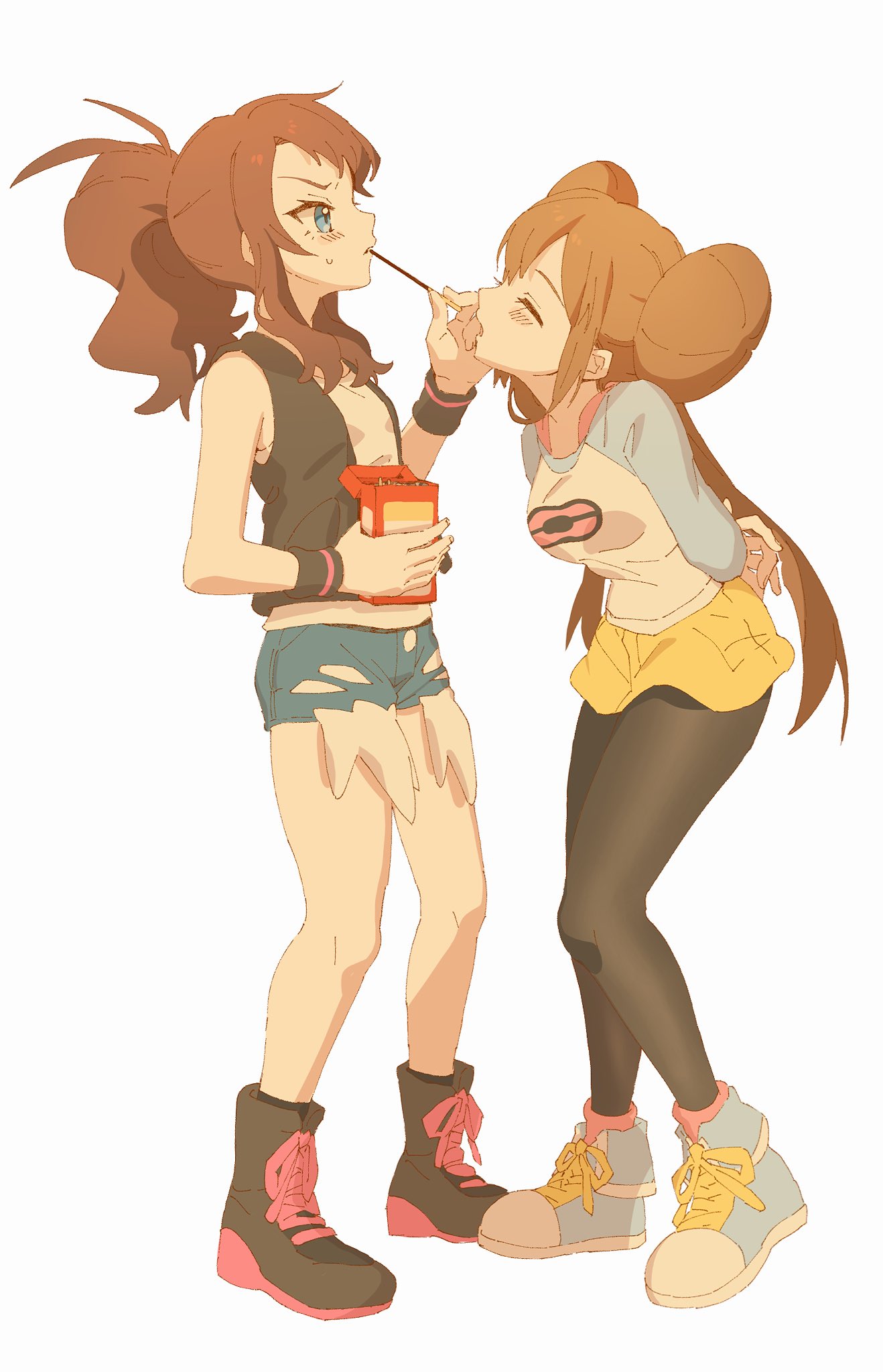2girls, ankea_(a-ramo-do), black_legwear, black_vest, blue_eyes, blush, box, brown_hair