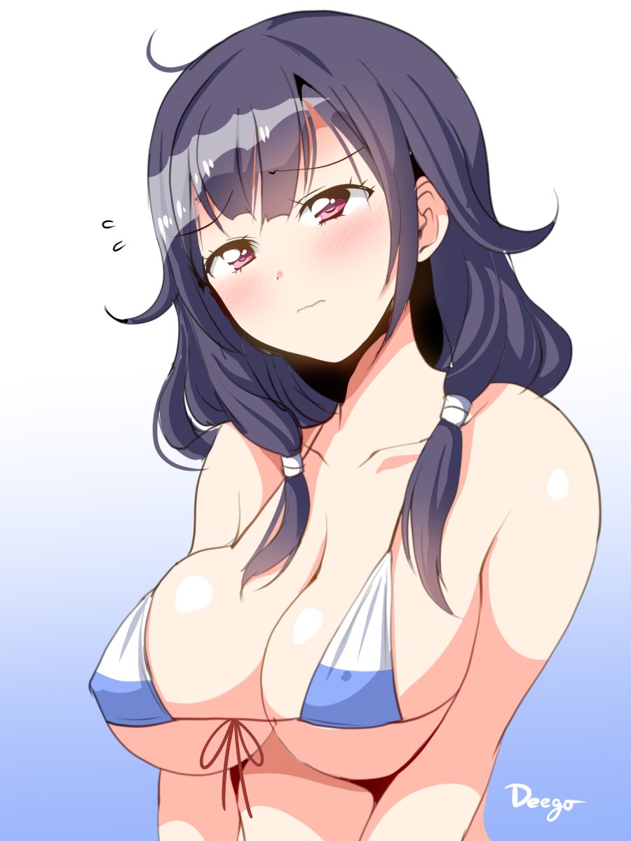 1girl, ahoge, artist_name, bare_shoulders, bikini, blush, breasts, cleavage, collarbone, deego_(omochi_bazooka), eyebrows_visible_through_hair, gradient, gradient_background, hair_flaps, highres, kantai_collection, large_breasts, low_twintails, micro_bikini, purple_hair, simple_background, solo, swimsuit, taigei_(kantai_collection), twintails, violet_eyes, wavy_mouth, white_background